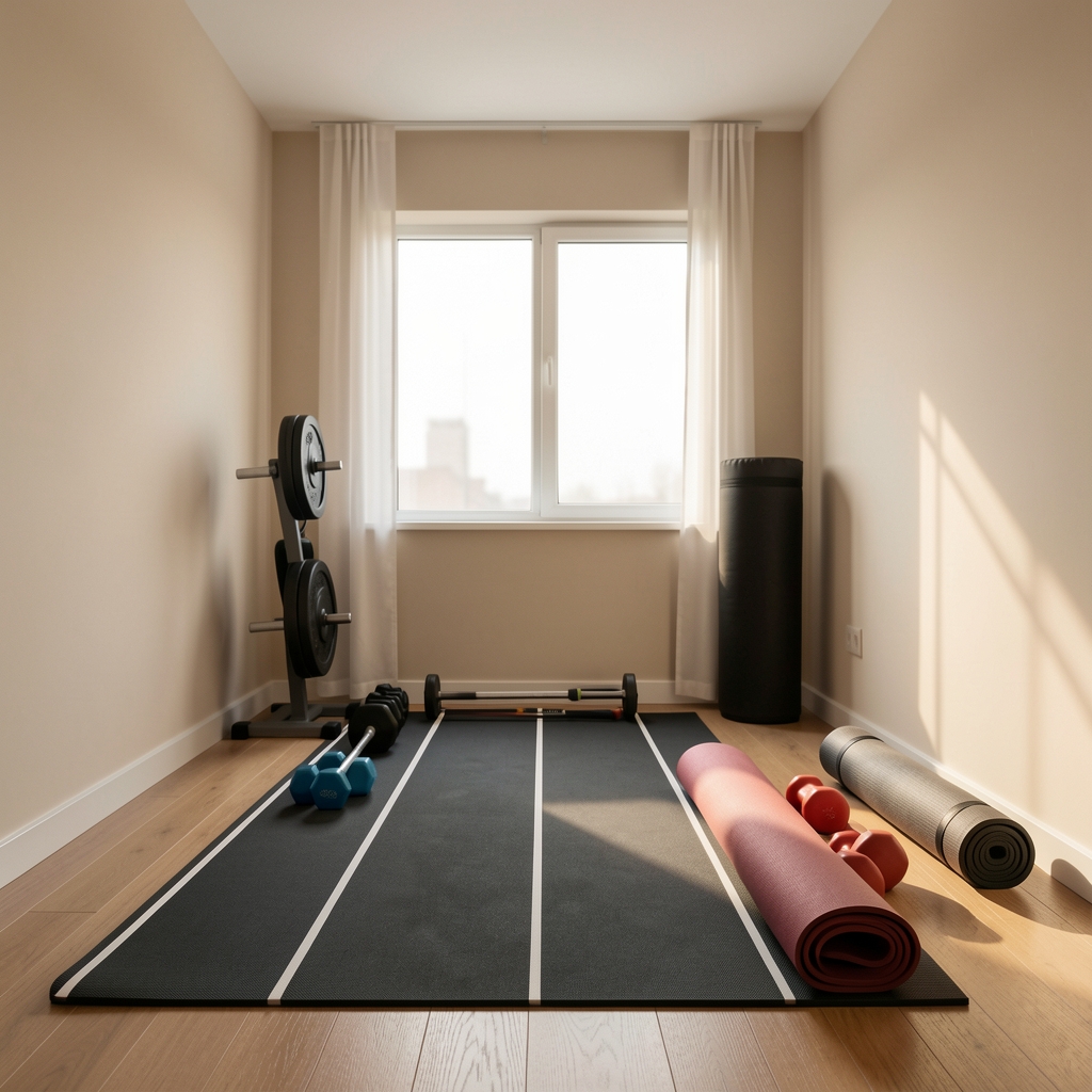Evin bir odasında düzenlenmiş küçük özel spor alanı; koşu bandı, dambıl ve yoga matı ile ısıl aydınlatma