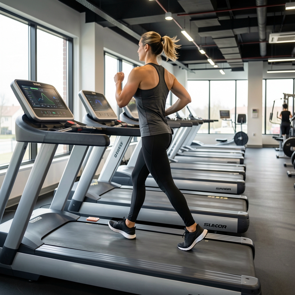 Spor salonu koşu bandı kullanıcısı, hız ve eğim programları aktif, ergonomik duruş ile antrenman yapıyor