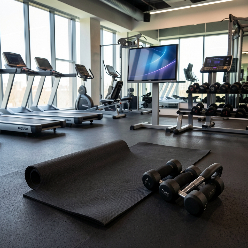 Profesyonel koşu bandı, LCD ekran ve tutamaklar ile modern spor salonunda siyah yüzey üzerinde çekilmiş ürün fotoğrafı
