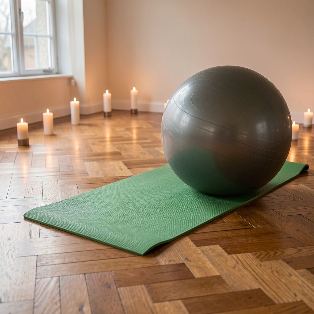 Yeşil renk yoga matı ve pilates topu, ahşap parkeli aydınlık yoga stüdyosunda mum ışığı atmosferinde düzenlemiş
