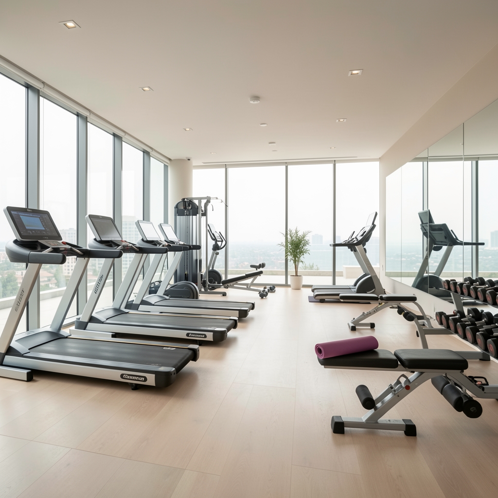 Modern ev spor salonu kurulumu; koşu bandı, dambıl seti ve yoga matı ile aydınlık, geniş açık plan fitness odası