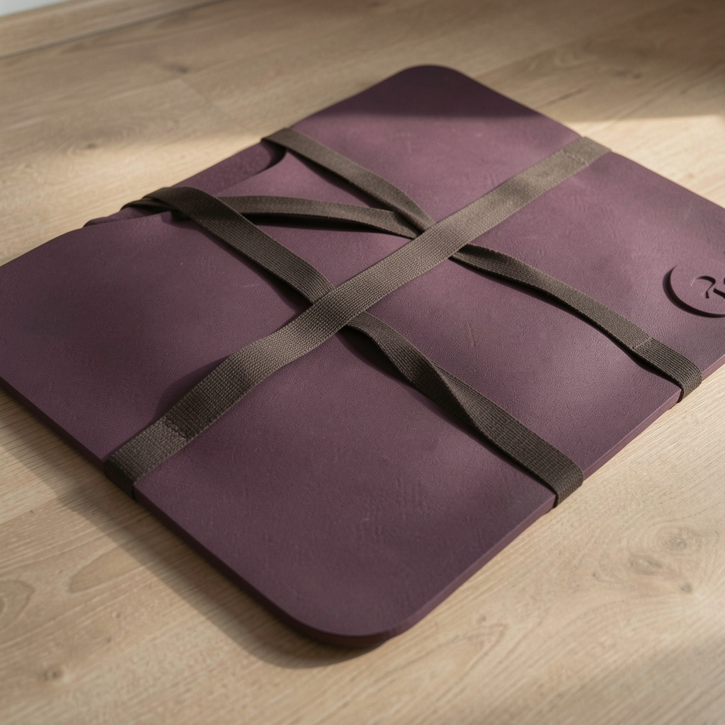 Manduka PRO yoga matı, kaymaz yüzey dokusu ve çanta kayışı ile doğal kauçuk, koyu mor renk profesyonel fotoğraf